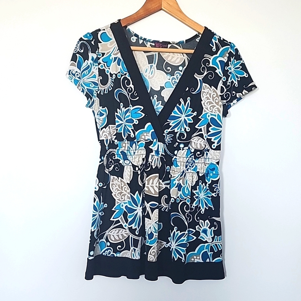 Agenda Black, Blue Cap Sleeve Blouse Size L